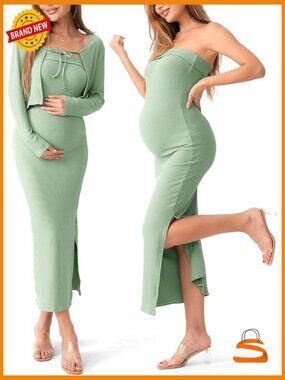 2-Piece Maternity Tube Dress & Cardigan Set Bodycon Maxi Ribbed